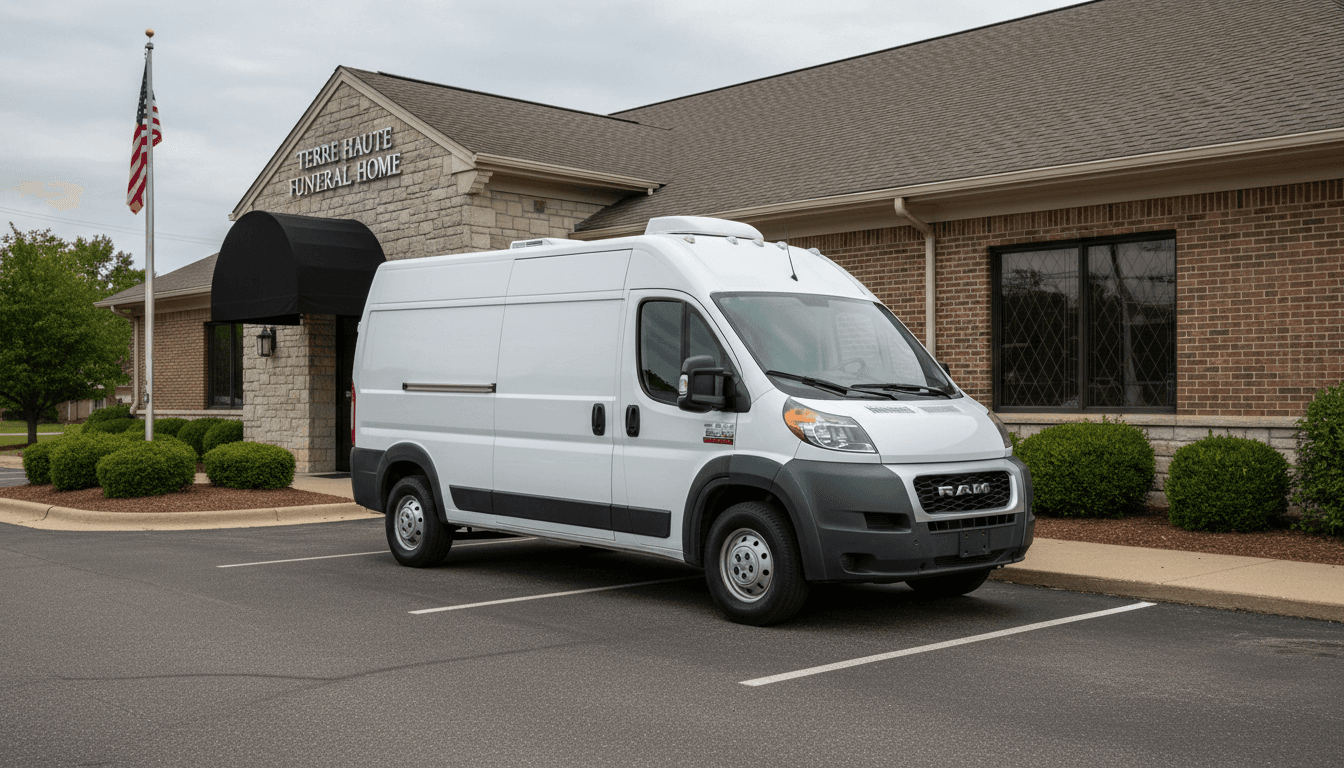 MTS inc. Ram ProMaster high-top van parked at a funeral home in Terre Haute