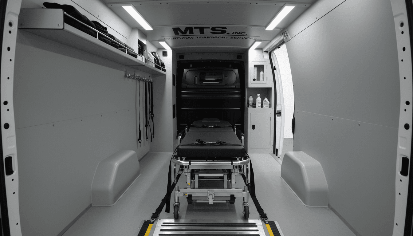 Interior of MTS inc. van showing organized mortuary transport equipment.