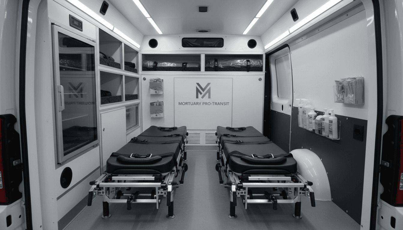 Interior of mortuary transport van with specialized equipment and organized layout